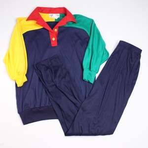 VTG 80s Peter Popovitch Polo Collar 3/4 Sleeve Colorblock Womens M Pant Set USA